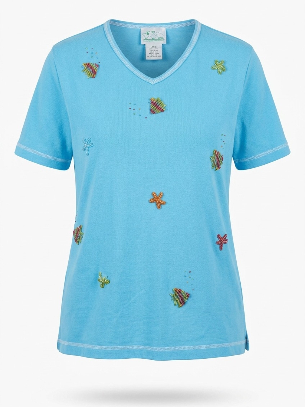 Quacker Factory Light Blue Embroidered Fish & Star Short Sleeve V-Neck Top